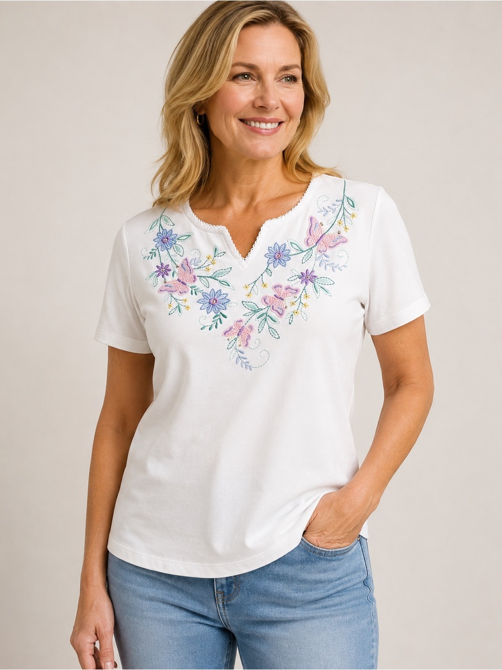 Alfred Dunner White Short-Sleeve Tee with Pastel Floral Embroidery